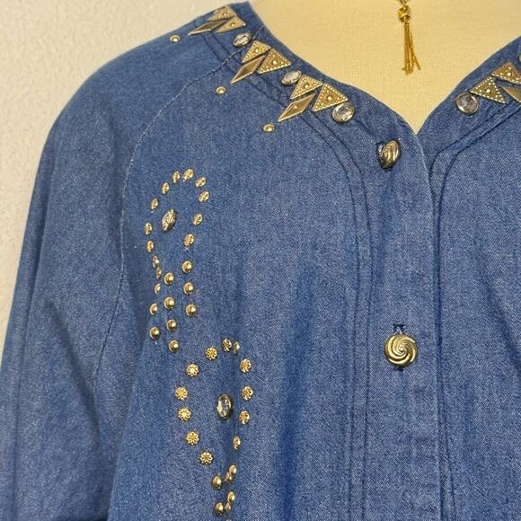 Vintage 90s Denim Long Sleeve Shirt Western Cowgirl Plus Size Gold Studs Buttons - Picture 4 of 8
